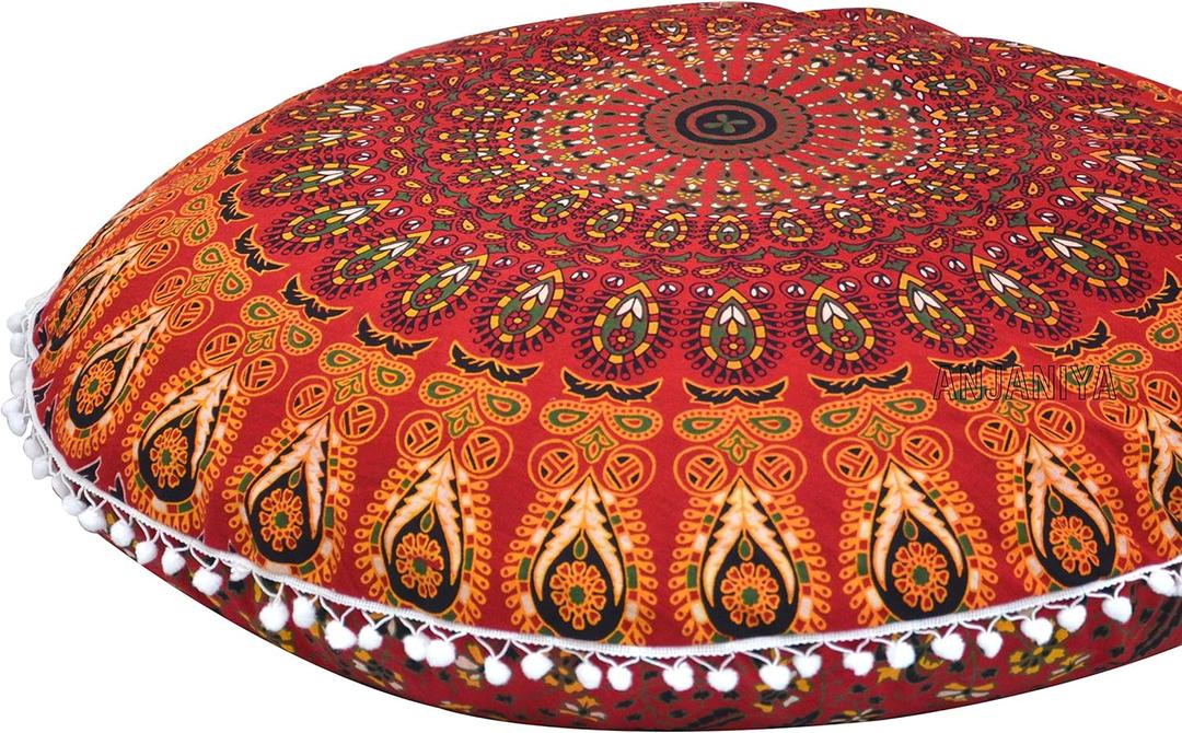 32" Peacock Mandala Bohemian Yoga Meditation Floor Pillow Cover Comfortable Home Car Bed Sofa Cushion Couch Seating Large Zipped Throw (32 inches, Red) (32" x 32" (Pack of 1))