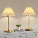 RUIYEY Bedside Table Lamp Set of 2: Dimmable Nightstand Bedside Lamps with USB A and C Ports, Modern Metal and Pleated Fabric Shade Gold Desk Lamp for Home Office Bedroom Living Room Reading