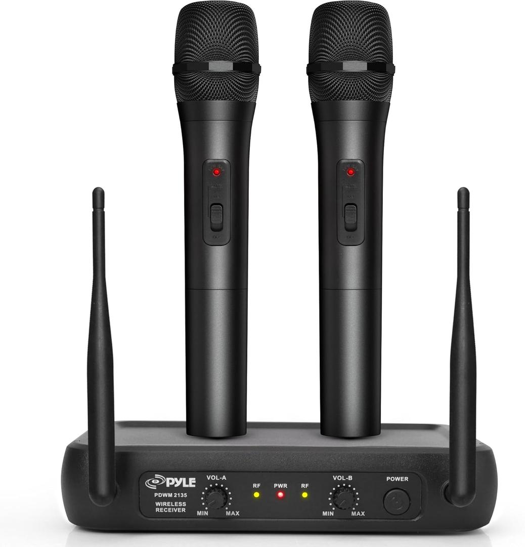 Pyle Channel Microphone System-VHF Fixed Dual Frequency Wireless Set with 2 Handheld Dynamic Transmitter Mics, Receiver Base-for PA, Karaoke, Dj Party (PDWM2135), Black