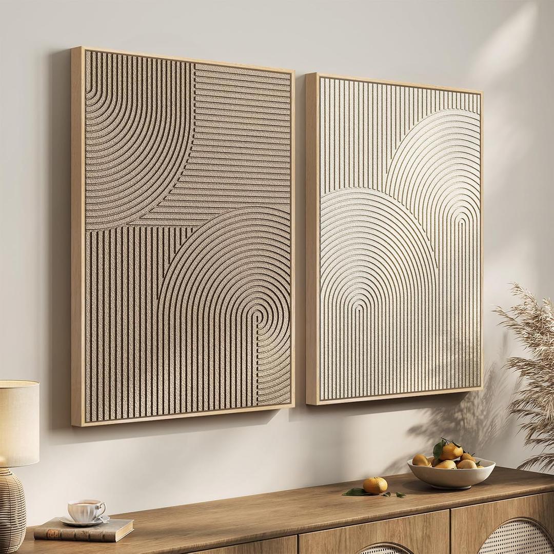 Large 3D Textured Framed Neutral Abstract Wall Art Set, 2 Piece Modern Minimalist Paintings Artwork for Walls, Beige Brown Geometric Line Pictures for Living Room Bedroom Hallway Wall Decor 24x36 In, 24"W x 36"H x 2Pcs