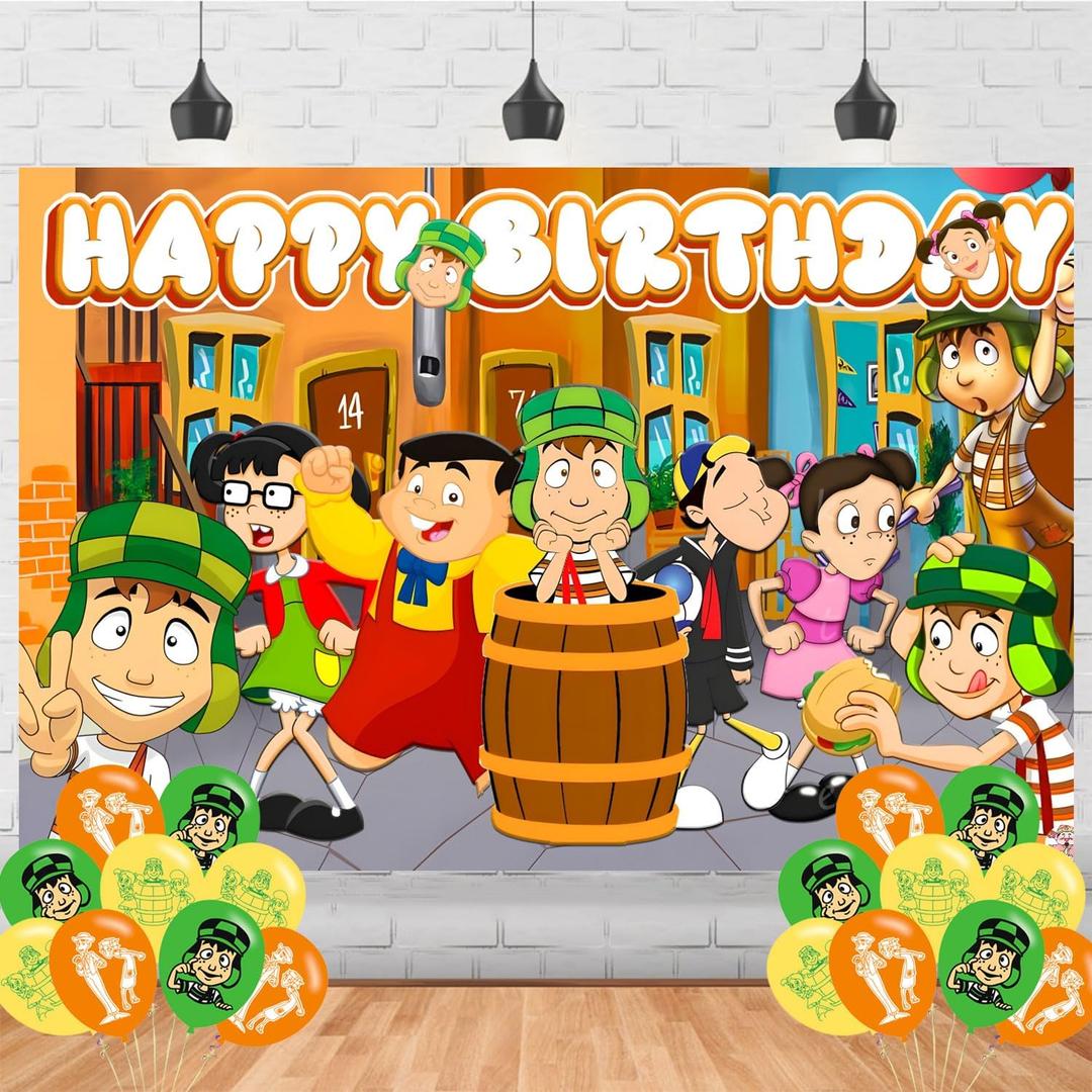 El Chavo Del Ocho Birthday Party Backdrop, 5x3ft, Purple, Cartoon, Includes 18 Party Balloons