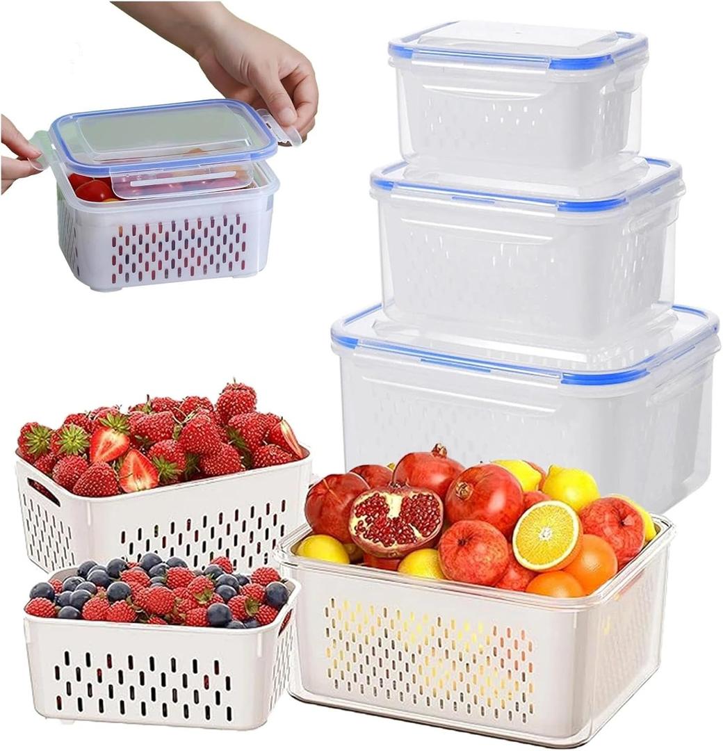4 in 1 Food Storage Container, Fruit Storage Containers for Fridge, Produce Containers with Lid and Strainer, Including Drain Basket, Multipurpose Large Fruit Container for Fridge(Blue)