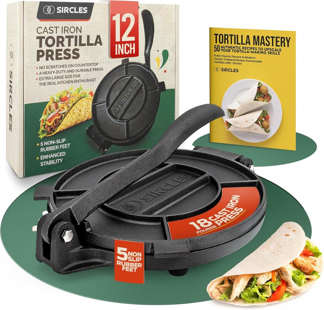 SIRCLES Tortilla Press 12 Inch Cast Iron  Extra Large, Heavy Duty 12 Inch Tortilla Press  Ebook Tortilla recipes  5 NonSlip Rubber Feet  PreSeasoned  Prensa Para Tortillas De 12 Pulgadas Grande