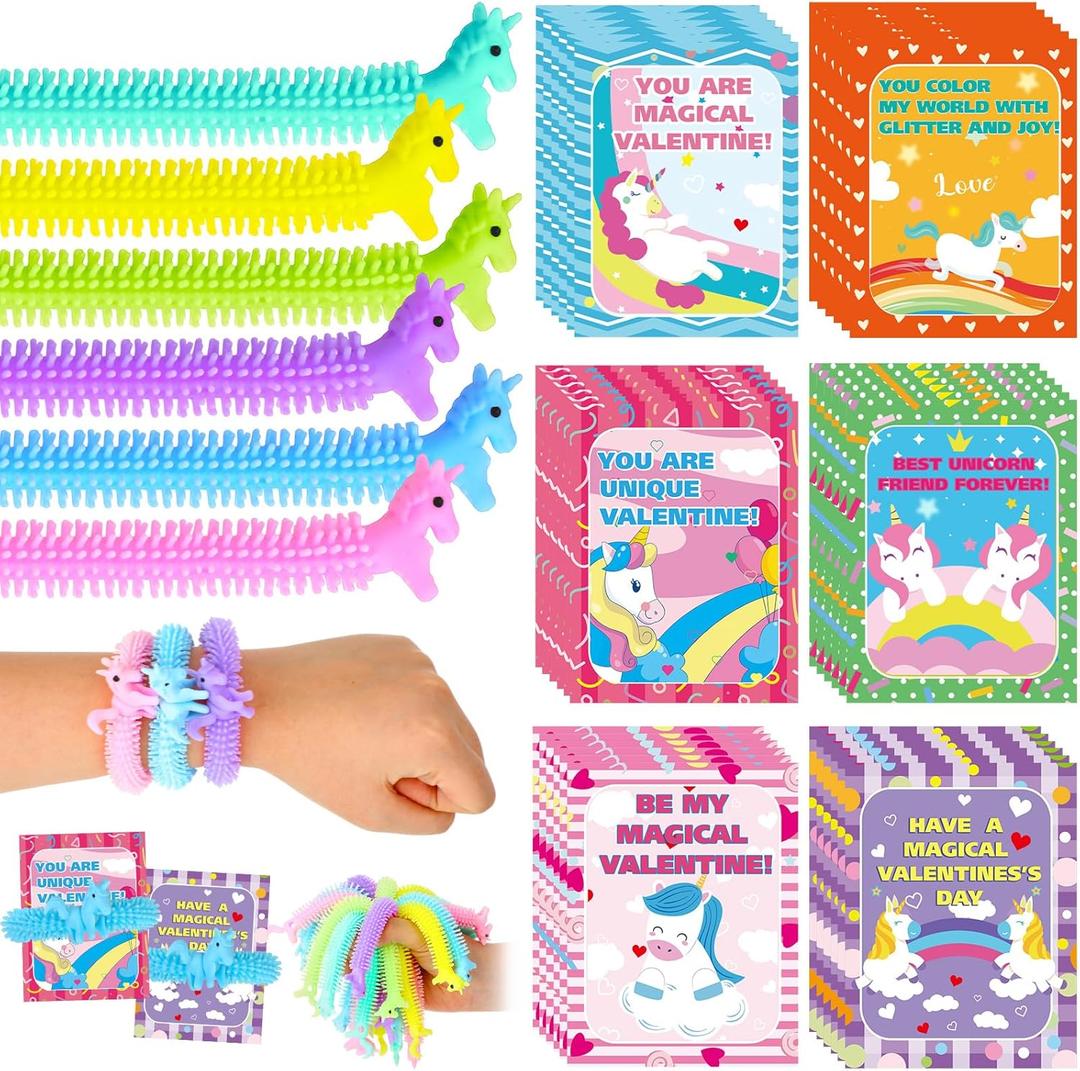 36 Pack Valentine's Day Gifts Cards with Multi Color Stretchy String Set for Classroom Exchange Gifts Bulk Adults Fidget Tools Funny Valentines Cards for Party Favors Birthday Return