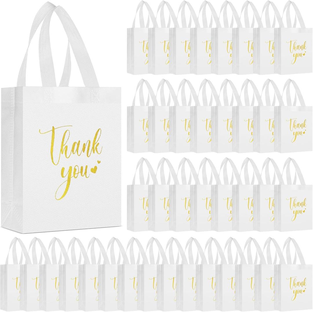 50 Pcs Thank You Gift Bags with Handles Bulk Thank You Non Woven Bags Reusable Gift Handbags Bridesmaid Souvenir Goodie Handbags for Wedding Shopping(10 x 8 x 4 Inch,White)