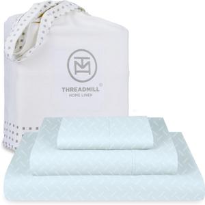 Threadmill Cotton Queen Sheet Set - 100% Cotton Damask Jacquard Sheets With 16" Deep Pocket - Soft Sateen Weave 4-Piece Cooling Bedding for Queen Size Bed - Blue (Light Blue Astra)