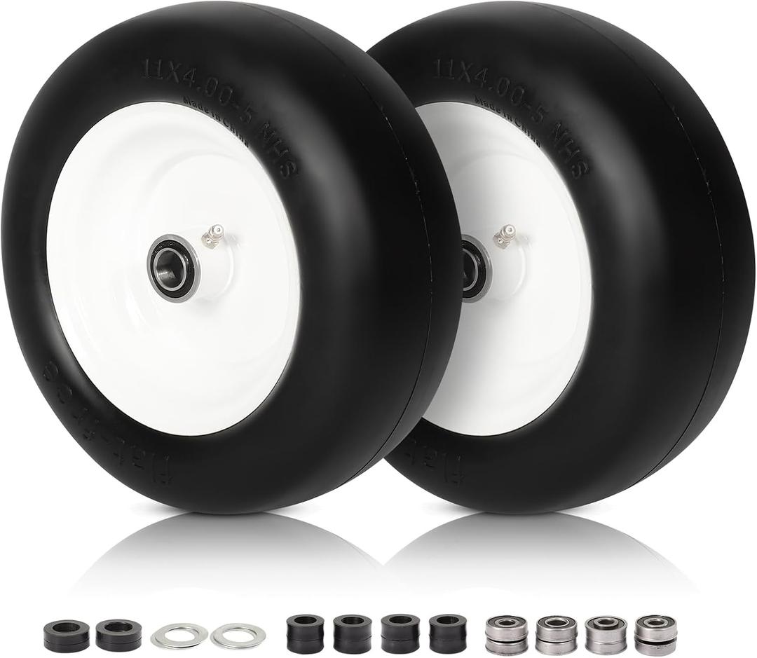 2 PCS 11x4.005" Lawn Mower Tires Flat Free,3/4" 5/8" 1/2" Bushing,3.4"4"4.5"5" Centered Hub,Universal Fit Smooth Tread Tire for Zero Turn Lawn Mowers, with Universal Adapter Kit (Gray Rim)