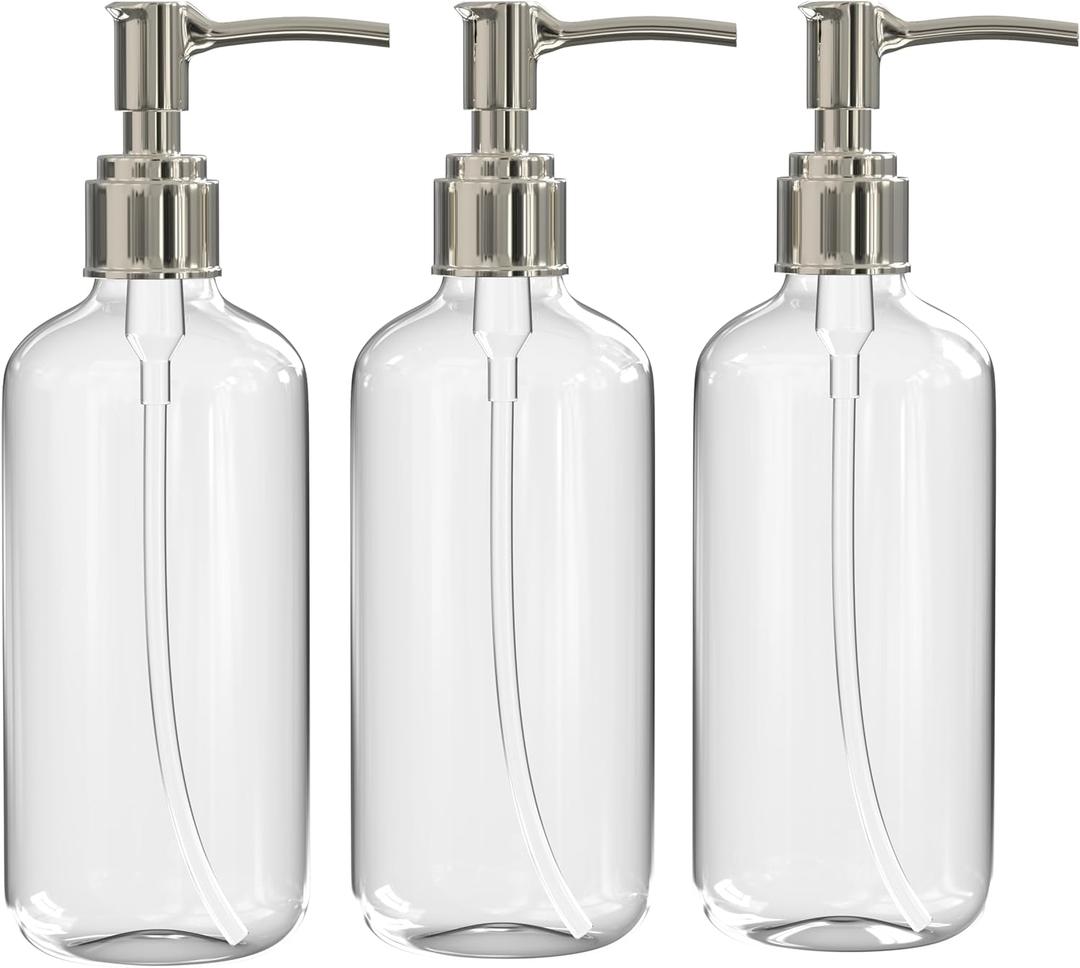 Refillable Clear Soap Dispenser Bottles with Pump, 16 oz (3 Pack) | BPA-Free Plastic Boston Round Containers for Hand Soap, Lotion, Shampoo, Kitchen & Bath