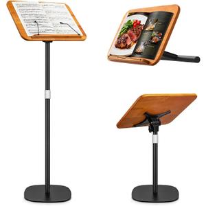 2 in 1 Dual-use Music Stand & Desktop Book Stand, Adjustable Height 16.5"-51", 100% Solid Wood Laptop Floor Stand Book Holder with Page Clips for Cookbooks, Sheet Music (Brown)