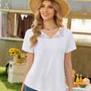 Uhiger Womens Boho Tops Short Sleeve Convertible V Neck Blouses Lace Trim Tassel Tie Front Flowy Chic Vacation Outfits (White, XXL)