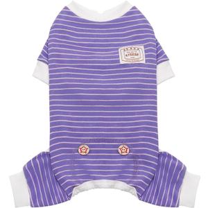 KYEESE Dog Pajamas Stretchable 4 Legs Doggie Jammies Striped Jumpsuit Lightweight Onesie Puppy Pajamas Cozy Outfit Comfortable Dog Clothes Hair Shedding Cover Pet Sleepwear,Purple Striped, Medium (Medium (11-15lbs))