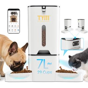 TYM Automatic Cat Feeder with 2 Camera for 2 Cats,7L Dog Automatic Feeder with Night Vision 2K 4MP 5G WiFi Dual Cat Feeder with Smart App Two Way Audio Privacy Masking Stainless Steel
