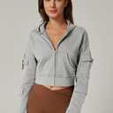 QINSEN Hoodies for Women Full Zip Up Cropped Jacket Long Sleeves with Cargo Pockets Sweatshirts Tops (Gray, S)