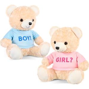 Hollowfly 2 Pack Boy or Girl Bears 14 Inch Blue and Pink Plush T-Shirt Bears Toy for Gender Reveal Baby Shower Decoration