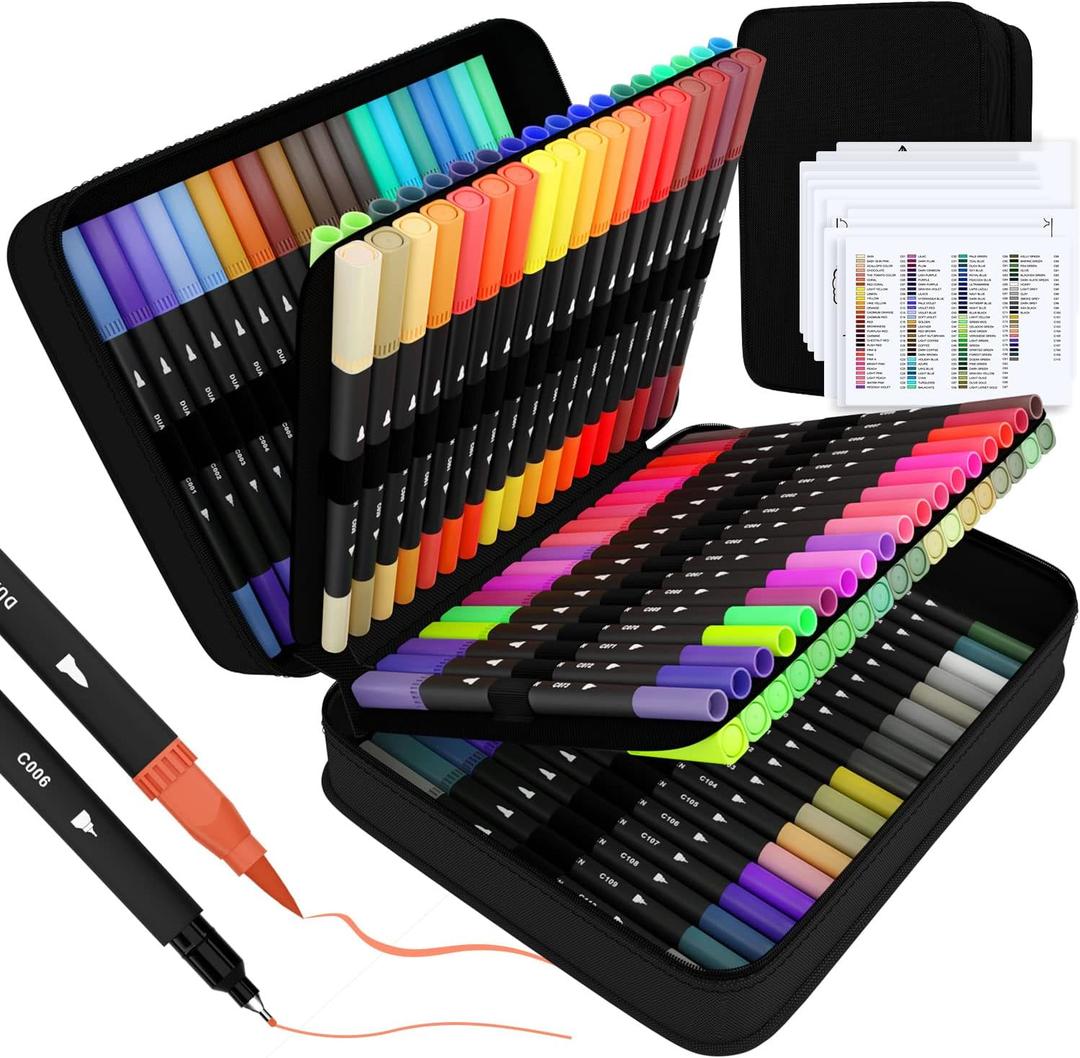 sunacme Art Supplier Dual Brush Markers Pens, 110 Artist Coloring Marker Set, Fineliner & Brush Tip Pen with Premium Case for Adults Coloring Books & Journal, Drawing, Doodlin (Multicolor)