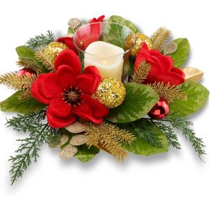 18" Centerpiece with Flameless LED Candle Holder, Design with Red Artificial Magnolia, Gold Baubles & Spruce Branches for Holiday Decor (Red)