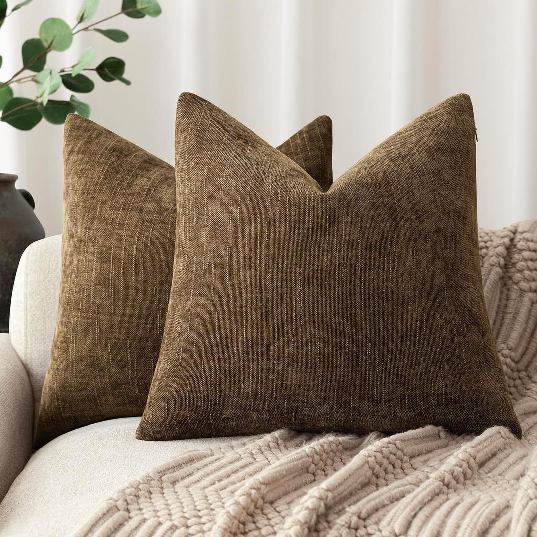 Foindtower Pack of 2 Soft Textured Chenille Throw Decorative Pillow Covers Square Accent Solid Cushion Cover Neutral Farmhouse Pillow Case for Couch Sofa Bedroom Living Room 20x20 Inch,Taupe Brown (Toffee)