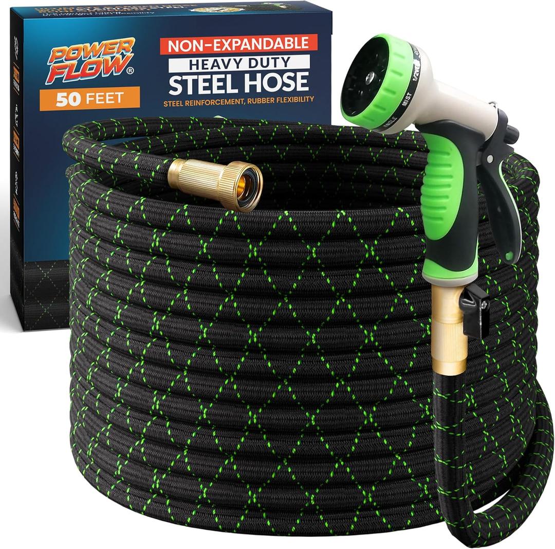 PowerFlow Garden Hose, NON-EXPANDABLE 50 Feet Premium Quality Stainless Steel Metal Water Hose with Durable Fabric Skin, Hose For Commercial, Residential Use, Bonus 10-way Spray Nozzle (50 Ft, Black)