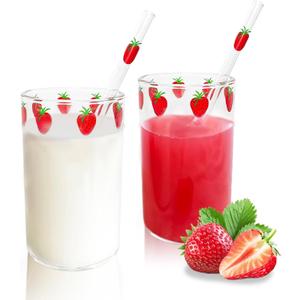 Strawberry Cups 2 Sets with Straws Cute Cups 300ML with Straw Cleaner Brush Cute Strawberry Pattern for Water Juice Milk Coffee Tea2 Sets