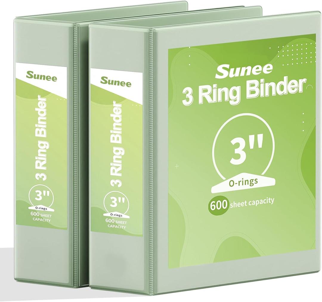 SUNEE 3 Ring Binder 3 Inch 2 Pack, Clear View Three Ring PVC-Free (Fit 8.5x11 Inches) for School or Office Supplies, Sage Green