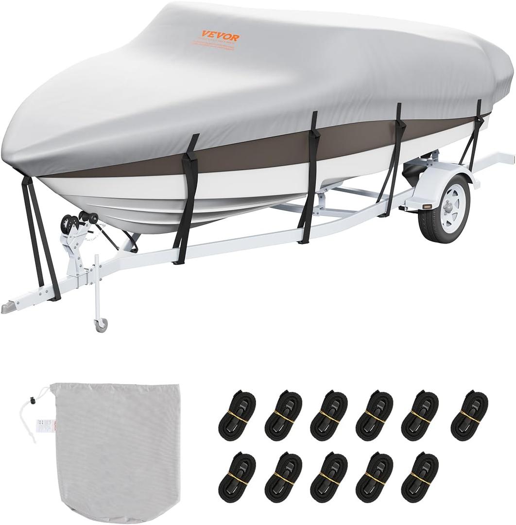 VEVOR Boat Cover 14-16 ft Trailerable Waterproof Boat Cover, 600D Marine Grade PU Oxford Bass Boat Cover, with Motor Cover and Buckle Straps, for V-Hull, Tri-Hull, Fish Ski Boat, Runabout, Grey (14'-16' Length, Beam Width up to 90")