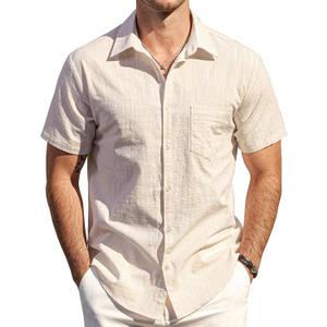 Mens Cotton Linen Textured Shirt Button Down Short Sleeve Shirt (XXL)
