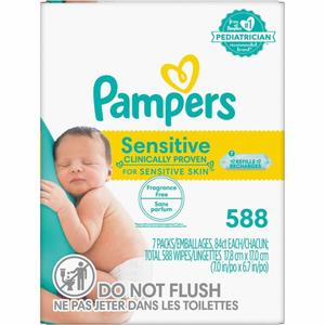 Sensitive Baby Wipes, 1-Ply, 6.7 x 7, Unscented, White, 84/Pack, 7/Carton