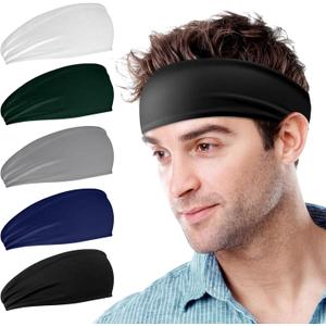 Sweatbands Sports Headband for Men & Women, Moisture Wicking Hairband Athletic Towel Headbands Cotton Head Sweat Bands for Running, Cycling, Yoga, Spa (C-5PCS-Black, White, Gray, Dark Blue, Green)