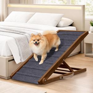 Adjustable Dog Ramp for Bed - 48" Long Foldable Wooden Ramp for Dogs to Get on Bed, Couch, or Car with 16.5" Wide Walking Space (Walnut Wood with Gray Carpet, Large)