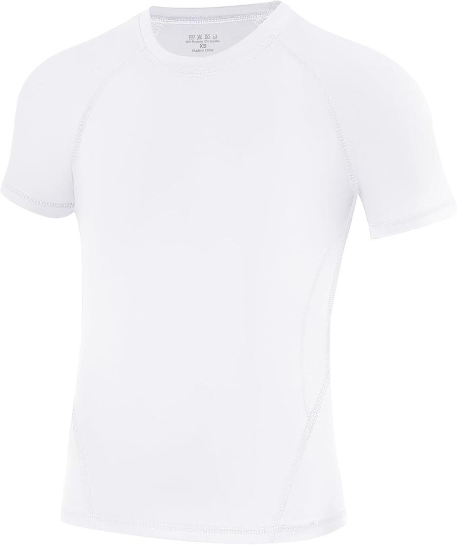 Runhit Boys Compression Shirt Short Sleeve Youth Football Basketball Undershirt Kids Athletic Quick Dry Base Layer T-Shirt (White, XL)