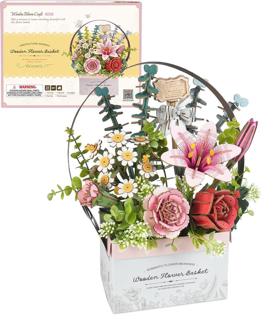 ROBOTIME 3D Wooden Puzzles for Adults, TW03H Wooden Flower Basket Craft Kit, Artificial Flowers Handheld Gift Box, Unique Gift for Birthday/Holidays/Homewarming