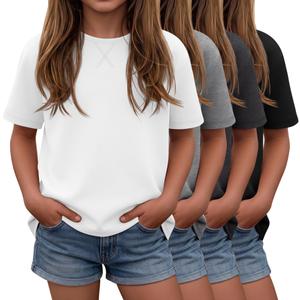 Oakgarden 4 Pack Girls Short Sleeve T-Shirts 5-14Y Crew Neck Drop Shoulder Tops Kids Loose Casual Athletic Basic Shirts Tees(White, Light Mix Gray, Dark Mix Gray, Black,11-12 Years)