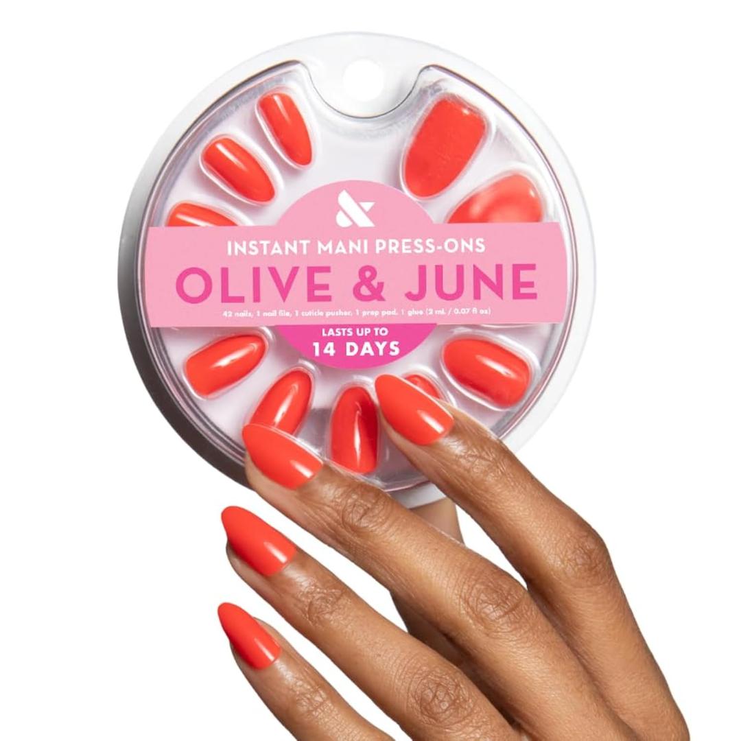 Olive & June Instant Mani Press-On Nails | (Glue) Medium, Almond 42 Fake Nails, 21 Sizes | Non-Toxic, Long-Lasting Recycled Materials Realistic Look | Salon-Quality at Home | Lava
