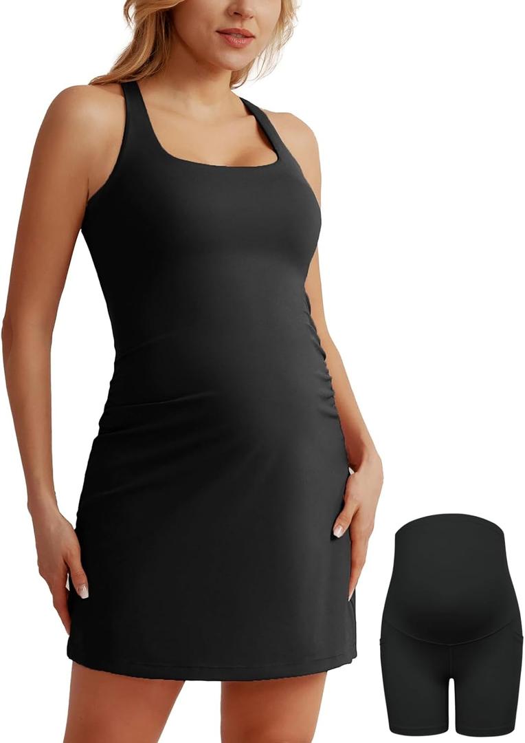 Maacie Maternity Tennis Dress with Shorts and Built in Bra Scoop Neck Sleeveless A-line Workout Golf Dress with Pockets (Small, Black)