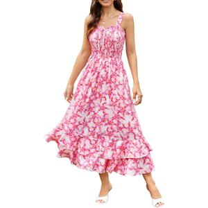 GRACE KARIN Women's 2025 Summer Floral Boho Dress Square Neck Strapped Swing A Line Sundress Beach Long Maxi Outfits (Pink Yellow Floral), S