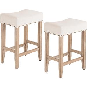 Furniliving Bar Stools Set of 2,25.7 inch Counter Height Bar Stools,Upholstered Kitchen Barstools with Solid Wooden Legs, Saddle Stools for Kitchen Island, Bar, Cafe, Beige