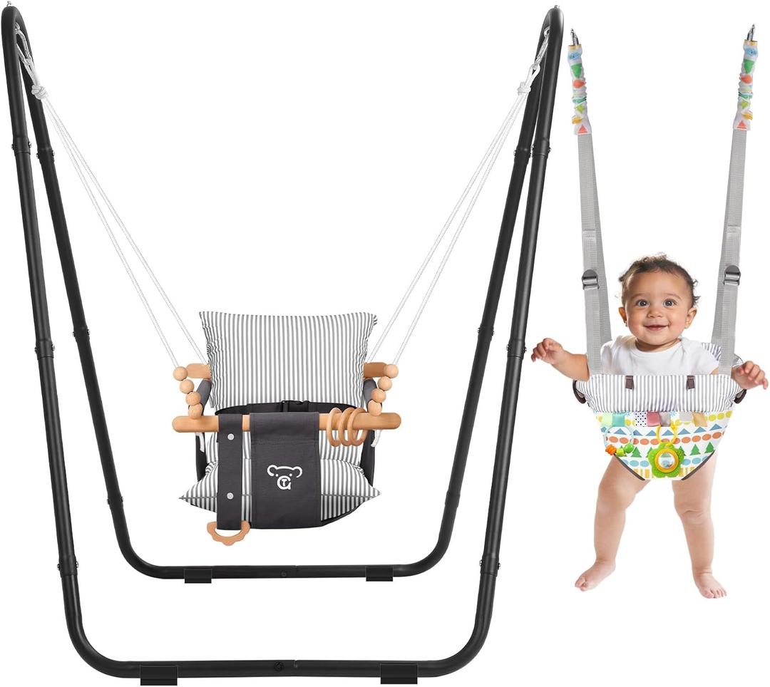 2-in-1 Baby Bouncer Jumper & Toddler Swing, Outdoor/Indoor Baby Swing with 5-Point Safety Harness, Space-Saving Design, Stable and Secure Jumper for Baby