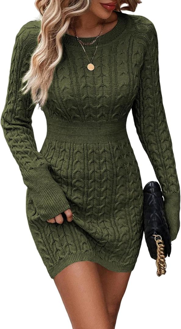 ZAFUL Womens Cable Knit Sweater Dress Long Sleeve Crew Neck Winter Bodycon Mini Fall Dresses 2025 (Medium)