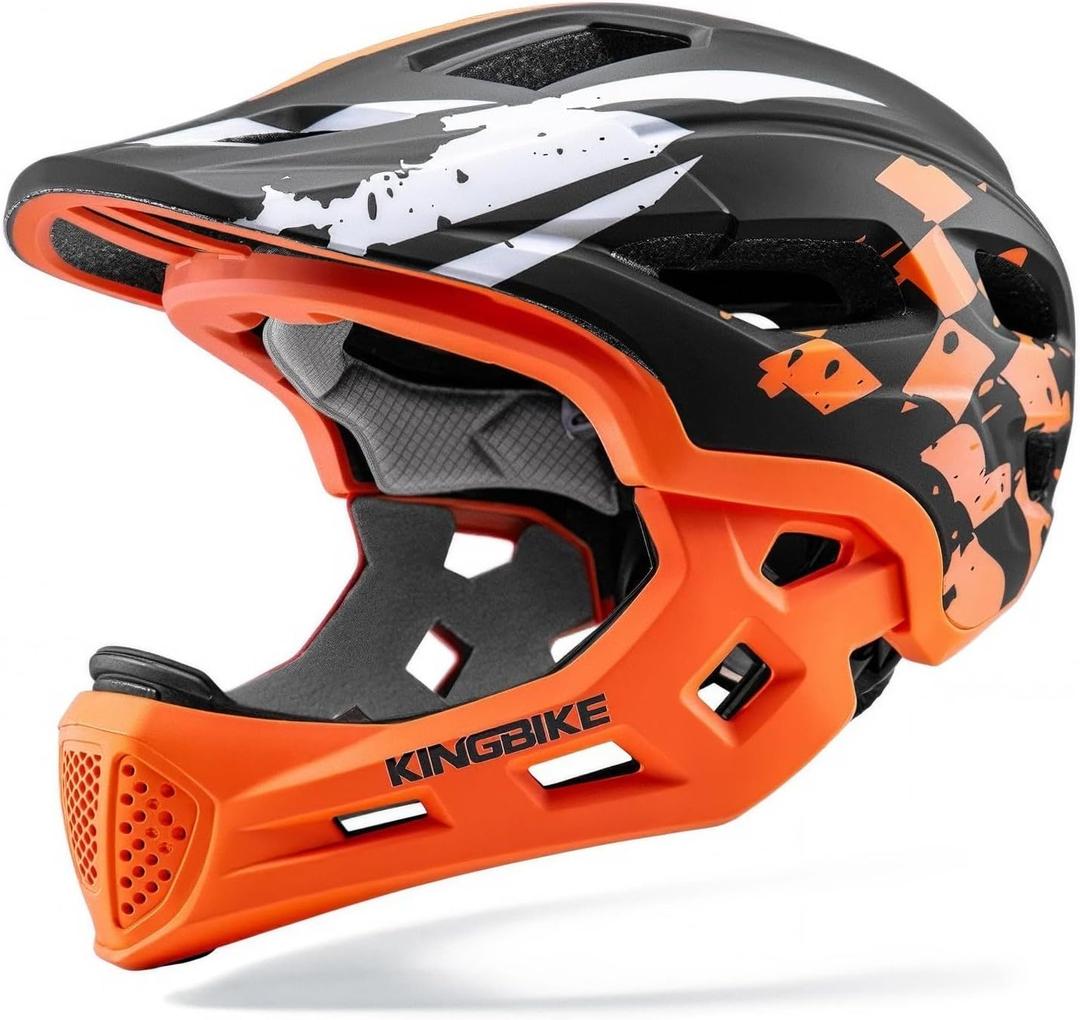 Kids Full Face Helmet Convertible Toddler Bike Helmets with Detachable Chin Guard Boys Girls 4-10 Years Skateboard Scooter Balance Bike BMX MTB Bicycle (Check Flag-Black Orange)
