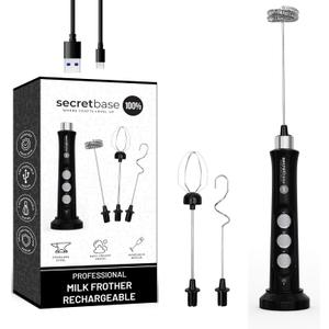 Secretbase Handheld Rechargeable Milk Frother - 3 Speed, USB-C Charging - Stainless Steel Double Whisk for Bulletproof Coffee, Espresso Whipper, Mini Electric Stirrer (Black Frother without Pitcher)