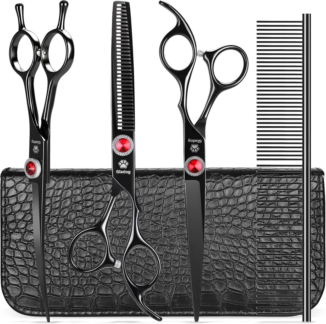 GLADOG 7 Inch Professional Dog Grooming Scissors Kit, 5-in-1 Titanium Coated Pet Grooming Shears Set, Heavy Duty Grooming Scissors for Dogs (Pro Black)