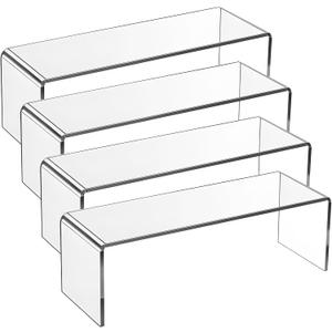 4 Pcs Acrylic Risers Display Stands, 11.8" x 3.9" x 3.9" Clear Acrylic Cabinet Organizer Shelf Kitchen Spice Rack Countertop Display Rack for Dishes, Bottles, Perfumes, Ornaments (5mm Thick)
