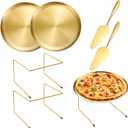 GRETJOB 6 Pcs Pizza Pan Riser Stand Set, 2 Metal Pizza Table Stands + 2 Nonstick Pizza Pans + 2 Pie Servers, Gold Pizza Rack & Tray for Baking, Dessert, Cheese, Party, and Restaurant Use (Gold 2Pcs)
