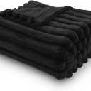 NEWCOSPLAY Super Soft Throw Blanket Black Premium Silky Flannel Fleece 3D Ribbed Jacquard Lightweight Bed Blanket All Season Use (Black Ribbed, Throw(50"x60"))