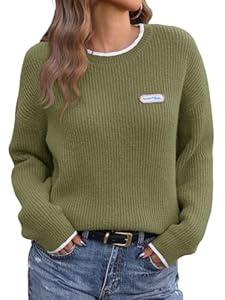 Saodimallsu Womens Sweaters Crew Neck Long Sleeve Knit Contrast Piping Stripe Lightweight Casual Fall Pullover Tops 2025 (Small, Army Green)