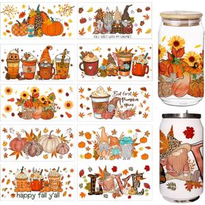2 Pack 10 Sheet UV DTF Cup Wrap, Fall Theme Harvest Pumpkin Maple Leaf Rub on Transfers for Glass Crafting Glass Cups Wrap Transfer Stickers Decals Waterproof Rub on Transfers for Crafting