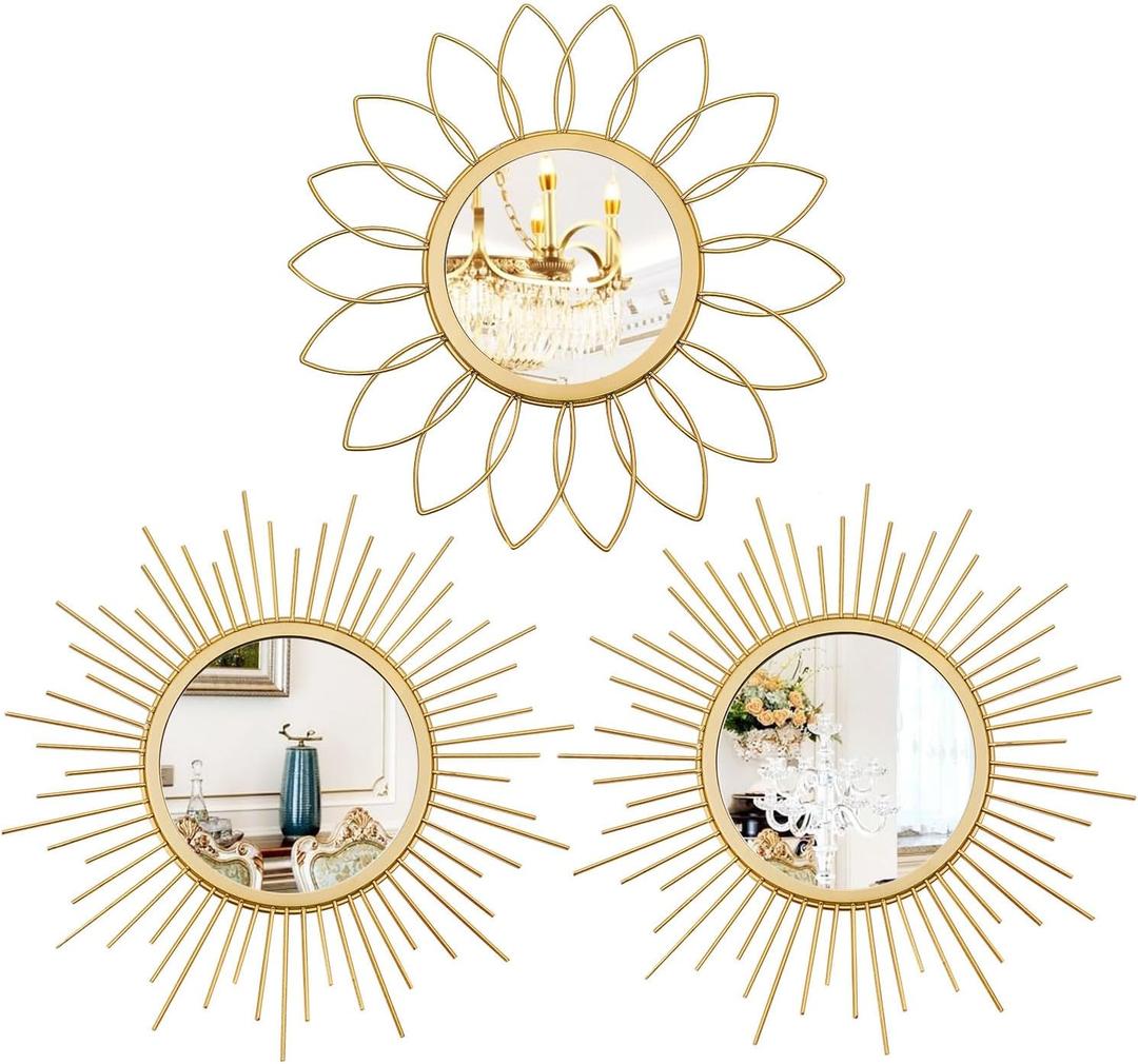 3 Pack Metal Mirrors for Wall Sunburst Wall Mirrors Home Dcor Decorative Hanging Wall Art for Living Room Bedroom Entryway (Gold, Flower+Sunburst)