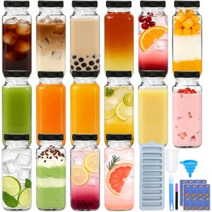 8 oz Glass Juice Bottles with Lids,16 Pack Reusable Juice Containers with Cleaning Brush, Square Glass Water Bottles Drinking Jars for Juicing, Smoothies, Beverages, Milk, Kombucha