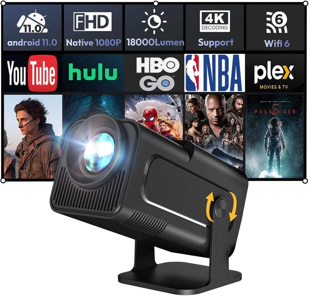 Smart Mini Projector XGODY Gimbal5 Android 11 Full HD Projector Native 1080P 4K Support 5G WiFi 6 Bluetooth 5.0 Home Movie Projector Electric Focu Auto Keystone 180 Rotating For PC/Lap/PS5 Dull Black