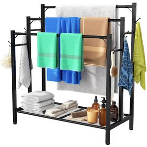 HavenlyYouth 3 Tier Towel Rack with Large Storage & 6 Hooks, Blanket Rack for Oversized Bath Towels, Free Standing Pool Towel Rack Stand for Bathroom Pool Indoor/Outdoor, 35.8" H x 31.5" L x 11.8" W